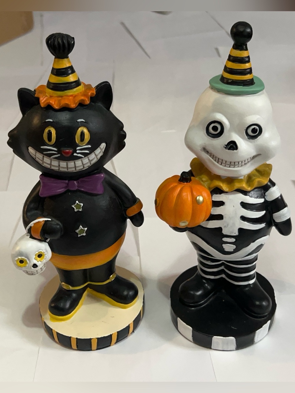 Halloween Gnome Style Resin Figures Skeleton and Black Cat